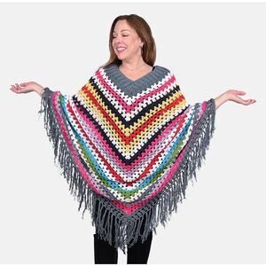 NET Tamsy dark gray with multicolor stripe pattern cotton hand crochet poncho-OS